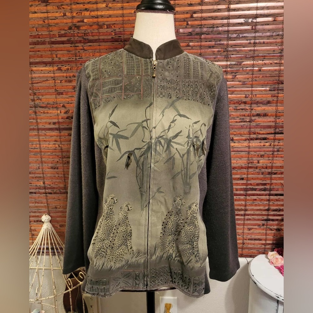 Olive Green Zip-Up Jacket with Animal Print